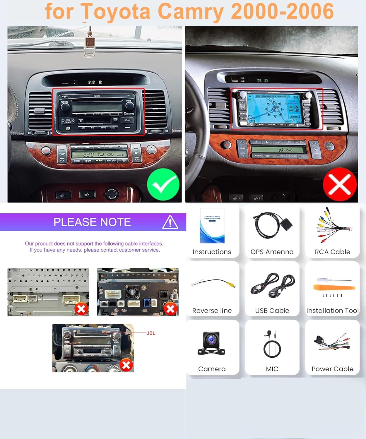 Contents of the Rimoody Car Radio package including main unit, camera, microphone, and cables.