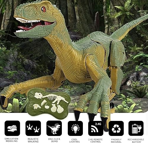 Miniatura 2 de Juguetes de dinosaurio con control remoto para niños mayores de 3 años, juguete de dinosaurio robot caminante con velociraptor de simulación de luz