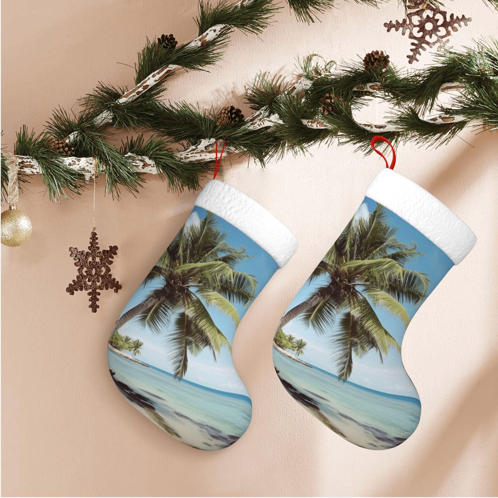 Beach Palm Tree Christmas Stockings Velvet Xmas Fireplace Hanging Stocking with Plush Cuff Rustic Christmas Santa Stockings for Home Christmas Decorations Party Favor Supplies