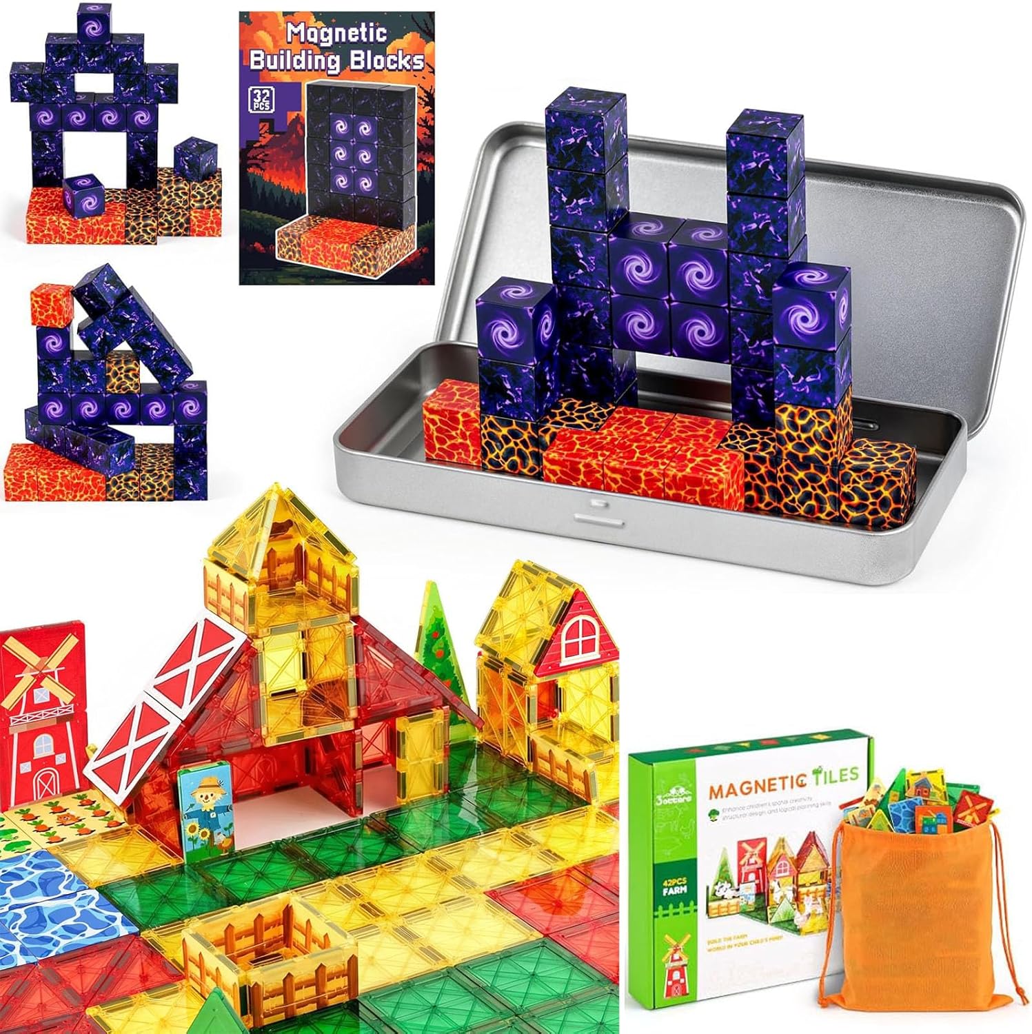 3 otters 42PCS Magnetic Tiles Farm Set & 32PCS Portal Magnetic Building Blocks Bundle – Educational STEM Toys for Kids, Party Favors, Construction Play, and Travel Fun