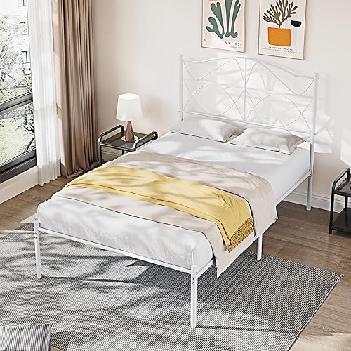 Miniatura 63 de VECELO Base de cama de plataforma metálica de tamaño matrimonial con cabecera y estribo, base de colchón de soporte de listones resistentes, no