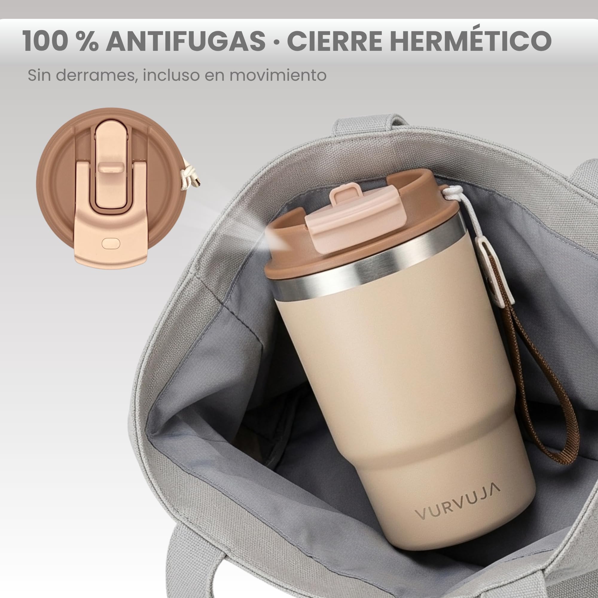 Vaso Termico 470ml de Acero Inoxidable 3en1 con Pajita y Tapa Antifugas. Taza Termica con Correa Integrada, Reutilizable y sin BPA. Termo Cafe para Llevar con Doble Pared para Frío y Calor. (Sand) — view 4