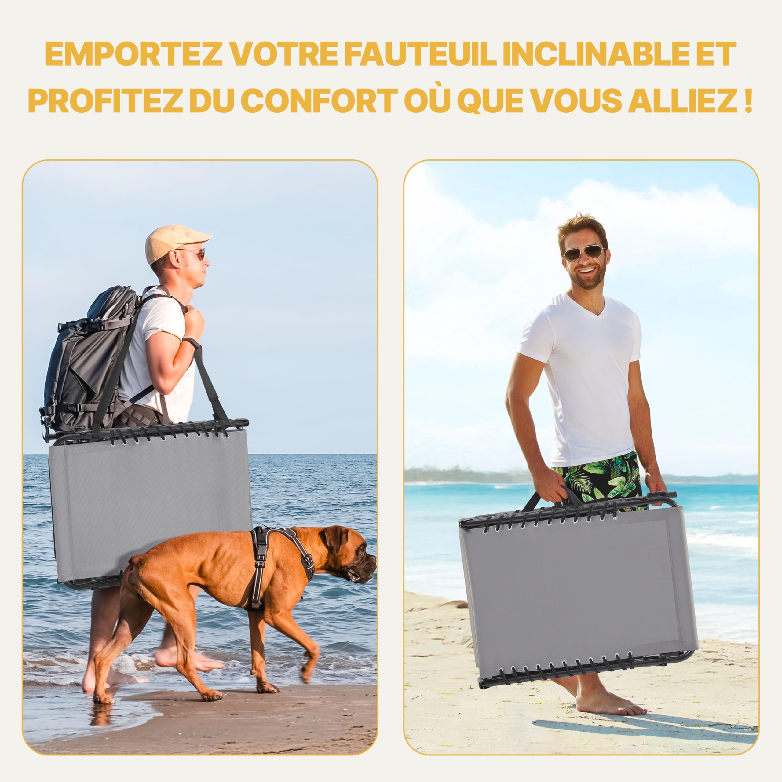 Abician Chaise Longue Pliante Bain de Soleil Transat Jardin Exterieur 189x57x38 cm Dossier Inclinable 5 Positions avec Poche Lit de Camping pour Plage, Piscine, Relax Détente en Plein Air Gris