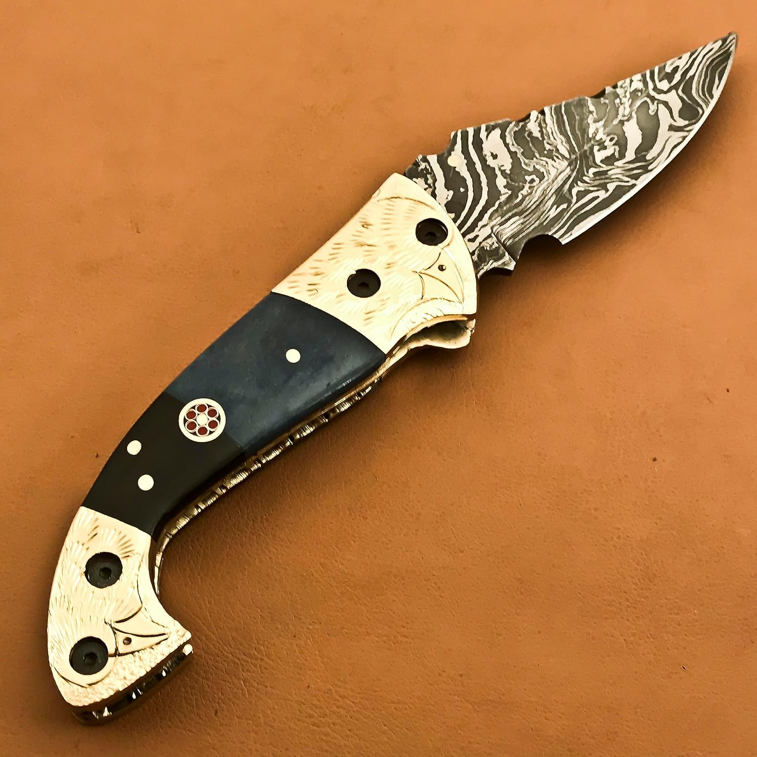 Custom Handmade Damascus Steel Folding & Pocket Knife with Leather cover