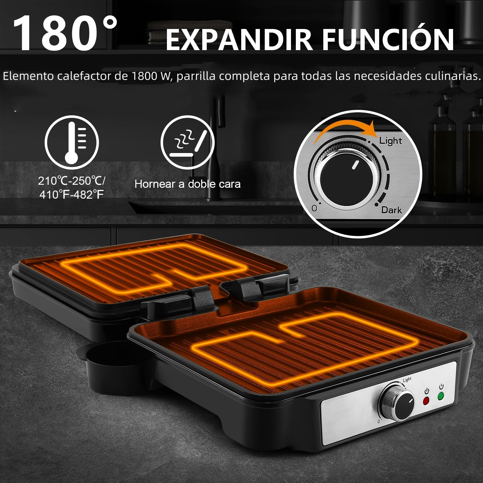YASHE Grill Sandwichera Plancha, Parrilla Eléctrica con Placas Recubiertas Antiadherentes, Control de Temperatura, Luz Indicadora, Apertura a 180 Grados, Bandeja de Goteo Removible, 1800W, Negro