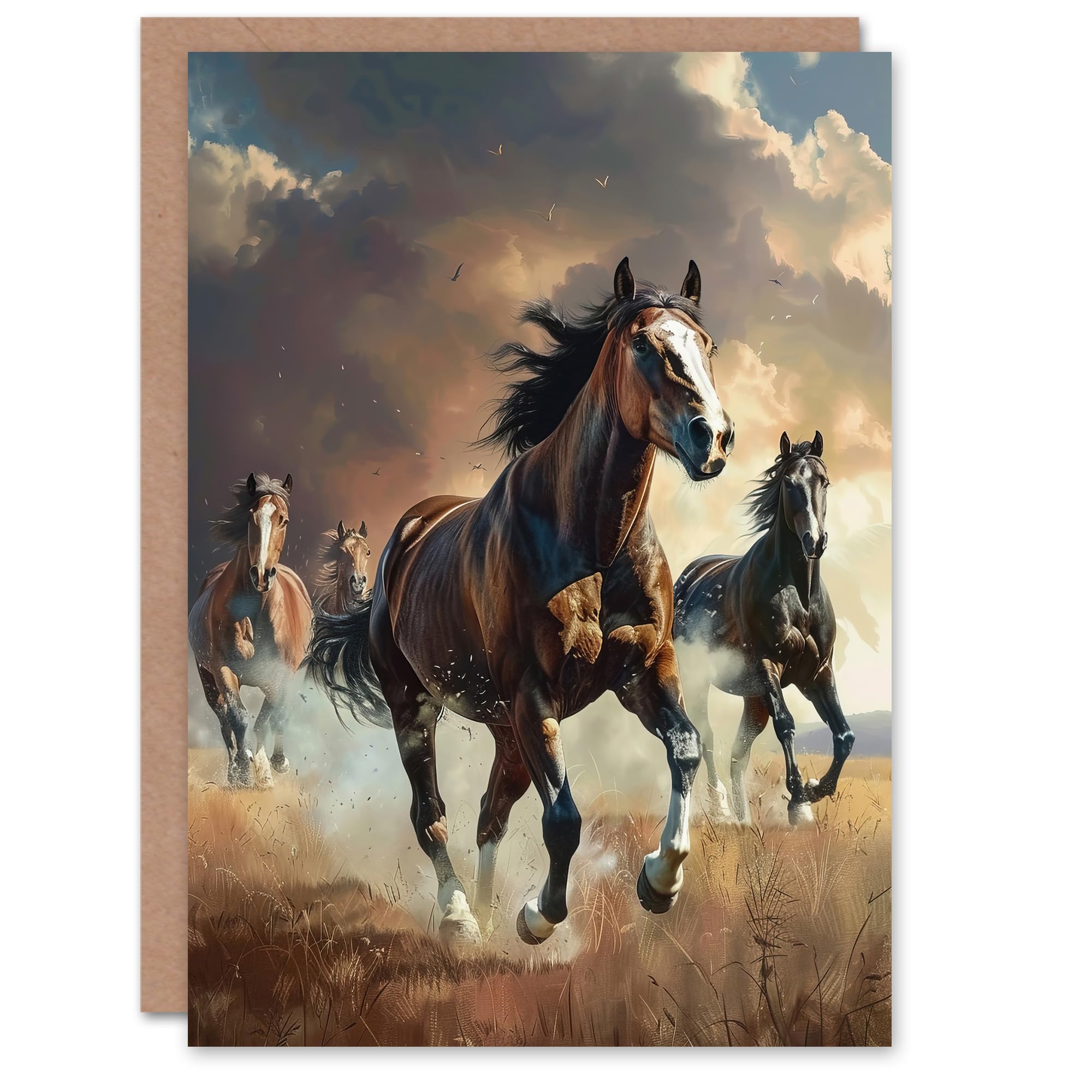 Artery8 Greeting Card Wild Horses Galloping Field Atmospheric Sunset Blank For All Him Or Her Art Birthday Card