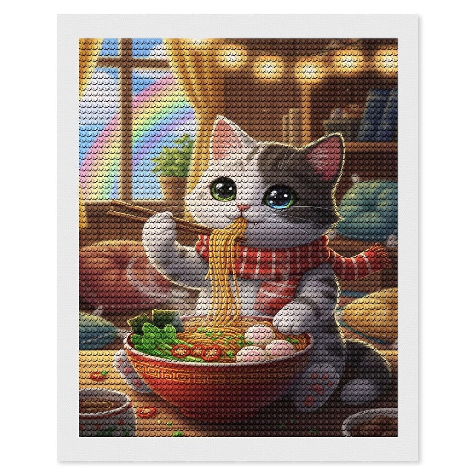 Junmoney Ramen Whiskers Cozy Cat & Noodles DIY Diamond Art Canvas Kit 16"x20", Relaxing DIY, Sparkling Crystal Beads, Vintage Style Decor, Holiday Gift Idea