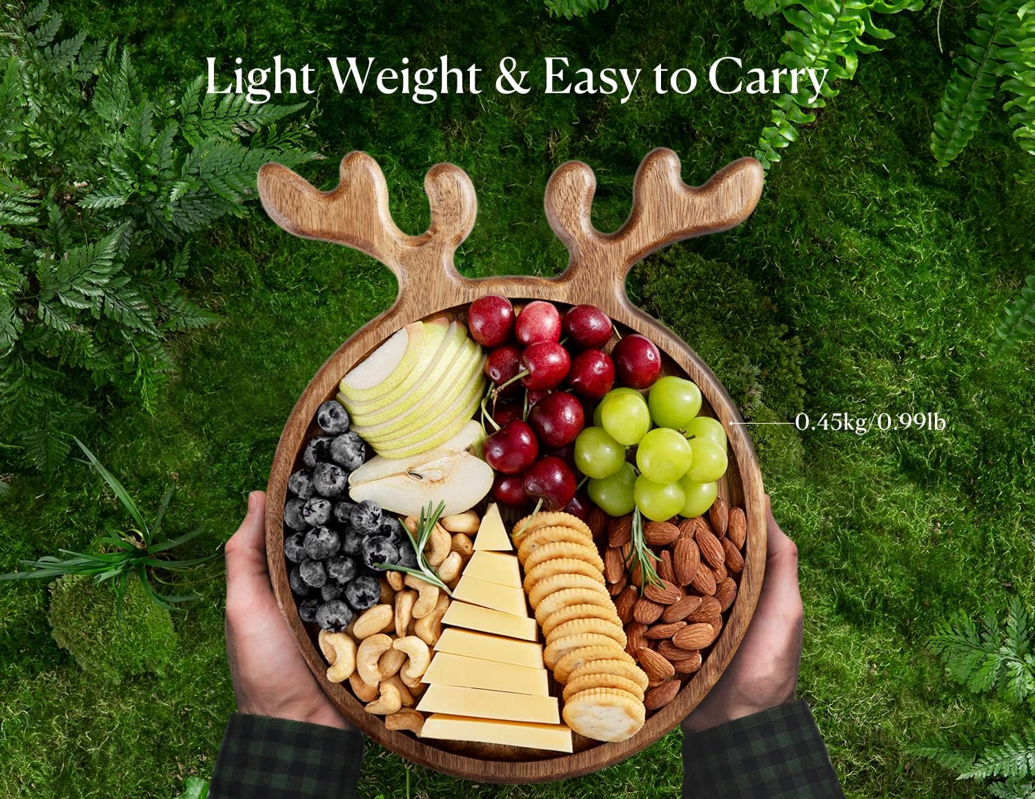 Dofira Acacia Wood Serving Platter with Antler Handles, Decorative Plate Kitchen Organizer, 8" Round Wooden Food Tray for Snack Fruit Appetizer, Forest Series Gift for Christmas, Wedding, Birthday