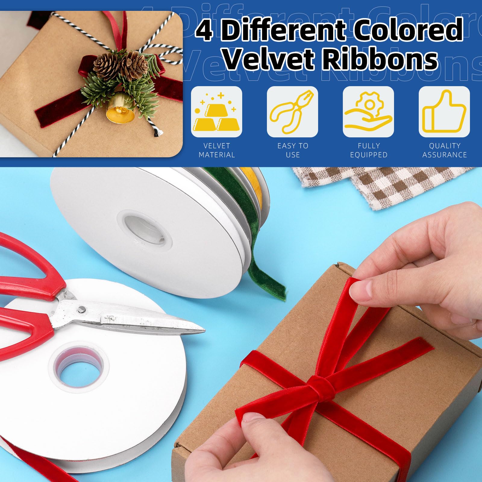 Glarks 4 Rolls 10Yards Velvet Ribbon Set - Image 4