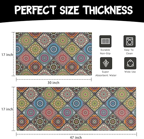 Miniatura 6 de Faptoena Juego de 2 alfombras de cocina con diseño bohemio con mandala, alfombras y tapetes de cocina con medallón floral tradicional,