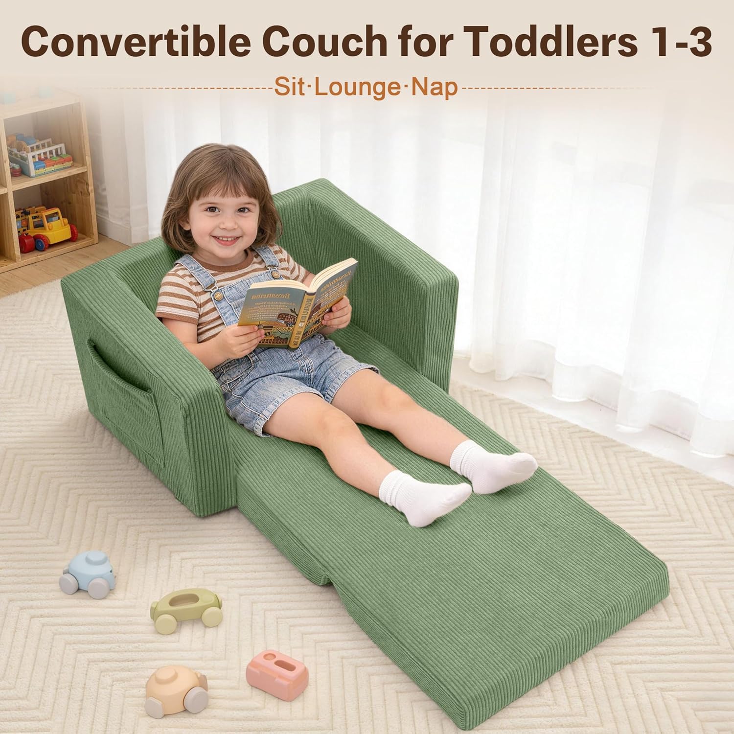 Bubble Ball Comfy Toddler Chair and Couch for Kids, 2-in-1 Convertible Kids Sofa, Fold Out Toddler Sofa to Lounger, Soft Cozy Kid Couch for Boys & Girls 1-3 Years Old, Green