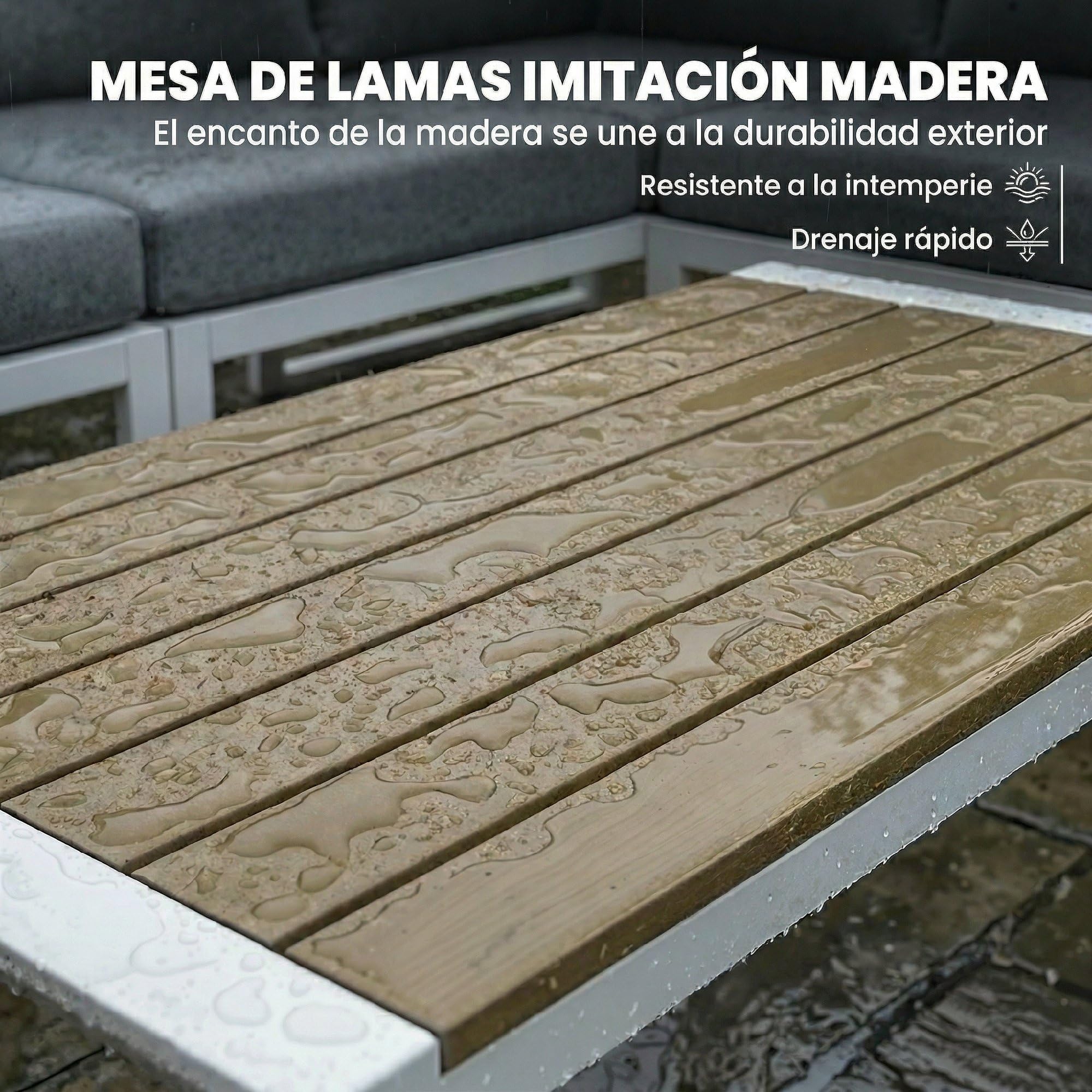 Outsunny Conjunto de Muebles Jardín Exterior de 4 Piezas Sofá Exterior Seccional Forma de L con 3 Sofás de 2 Plazas Asiento de Textilene Mesa con Tablero Efecto Madera WPC Cojines Gris Claro y Blanco