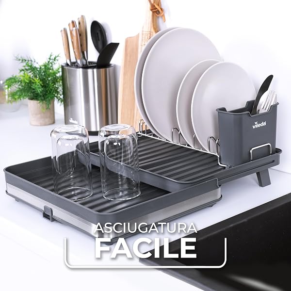 Vileda Stoviglie Scolapiatti - Scolapiatti da lavello estensibile, antiruggine e durevole - Scolapiatti da Appoggio indipendente - Design Salvaspazio, perfetto per Piatti, Bicchieri e altre Posate - 5