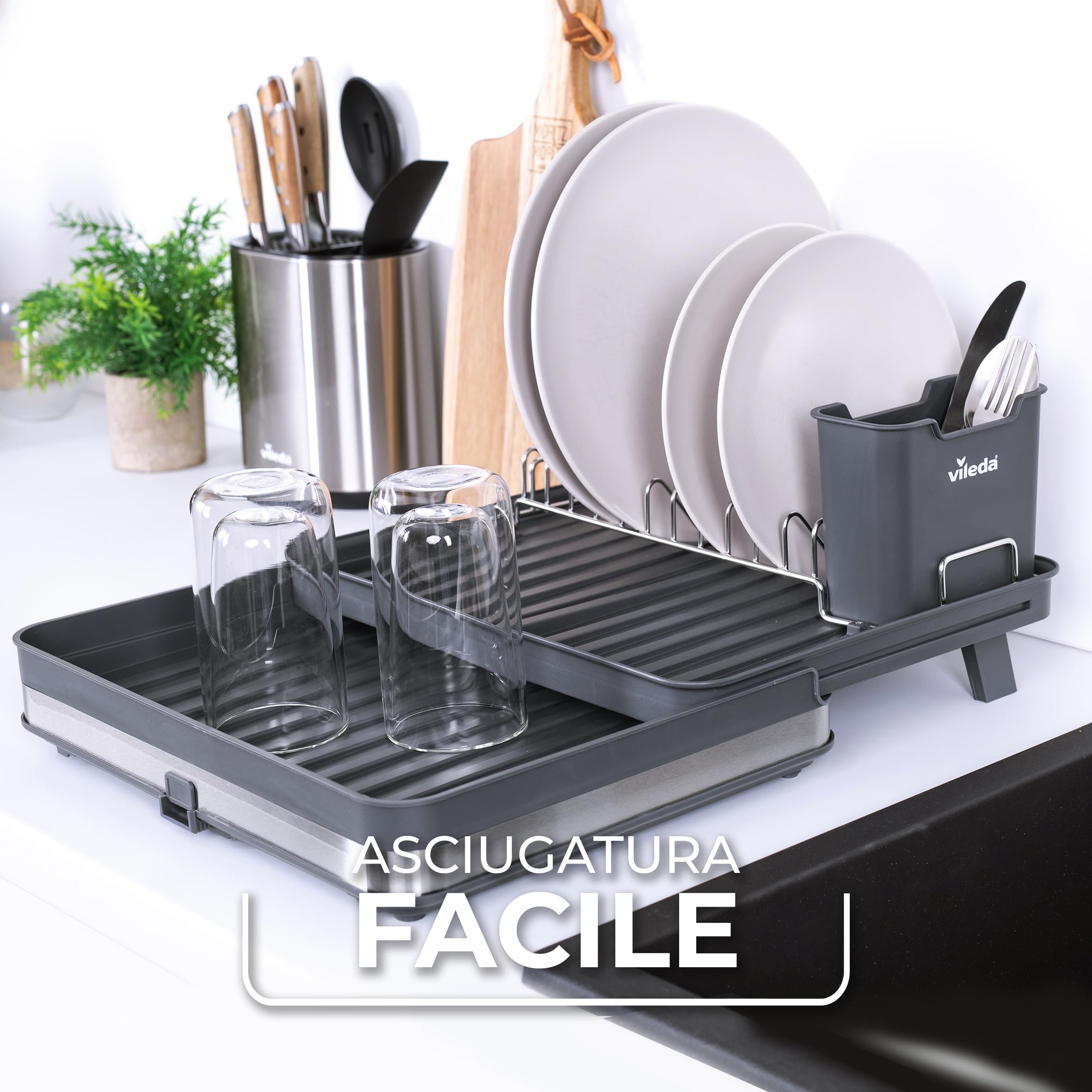 Vileda Stoviglie Scolapiatti - Scolapiatti da lavello estensibile, antiruggine e durevole - Scolapiatti da Appoggio indipendente - Design Salvaspazio, perfetto per Piatti, Bicchieri e altre Posate