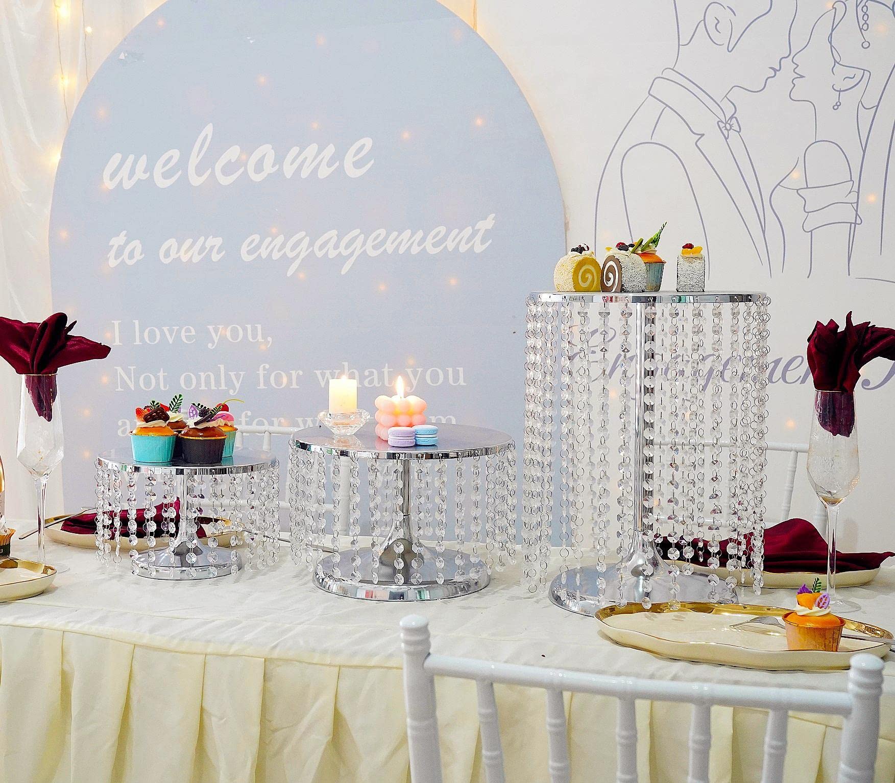 LoveCat Kuchen Ständer, Runde Metall Kuchen Stand, Acryl Anhänger Kuchen Display Ständer, Charming Kuchen Halter Racks für Geburtstagsparty Bankett Hochzeit Jubiläum Weihnachten (Silver, 3 pcs)
