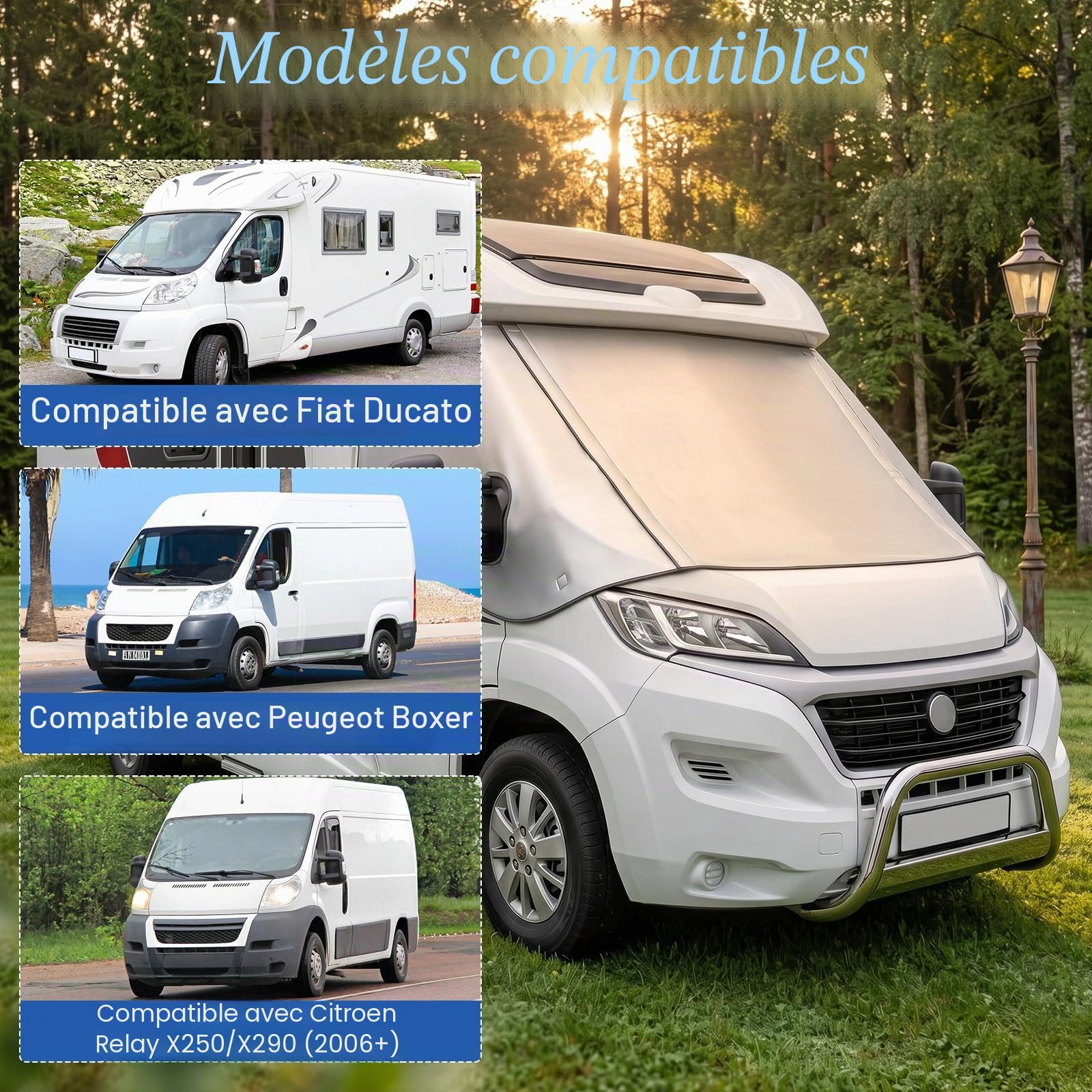 Housse de pare-brise avant pour camping-car avec deux fermetures éclair, compatible avec FIAT Ducato, Peugeot Boxer, Citroën Relay X250/X290 (2006+), housse de pare-brise argentée, imperméable