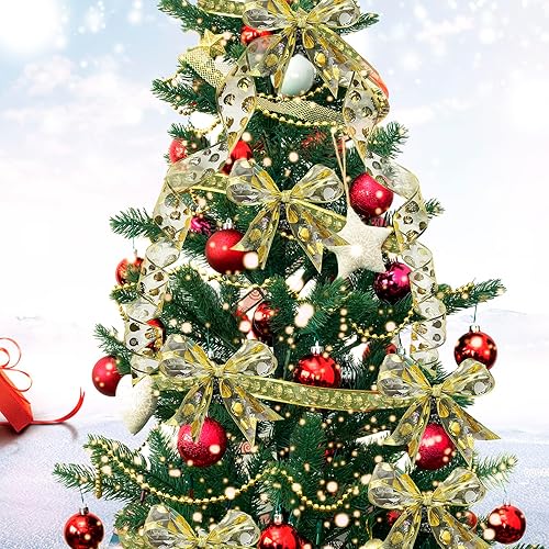 Miniatura 5 de Cinta dorada para árbol de Navidad de 2.5 pulgadas, 6 rollos de 36 yardas, cinta dorada de Navidad, cintas doradas para fiestas navideñas con cable,