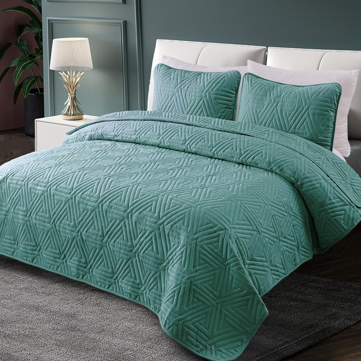 Whale Flotilla Soft Twin Size Quilt Set for All Seasons, 2-Piece Ultrasonic Geometric Quilts Bedding Set, Lightweight Reversible Bedspread, Coverlet, Bed Cover with Pillow Sham, Turquoise Green - Image 2