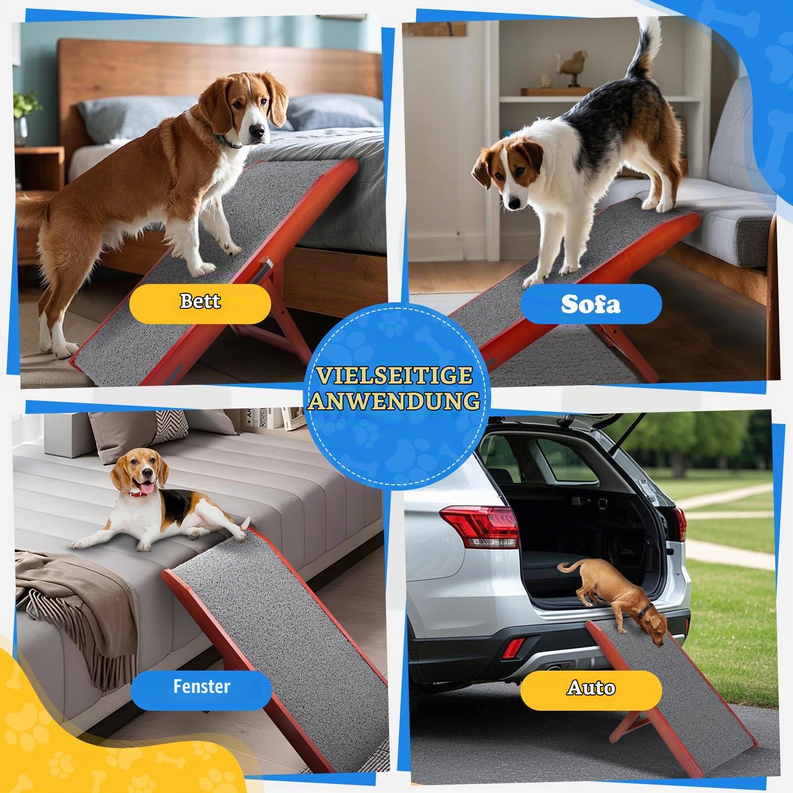 Hunderampe Hundetreppe für Hunde - Einstellbar 34-61,5 cm Spülschutz-Design Birkenholz Rampe Hund Klappbar für Bett Sofa Auto,Anti-rutsch Haustierrampe Haustiertreppe für kleine, große Hunde (XL)