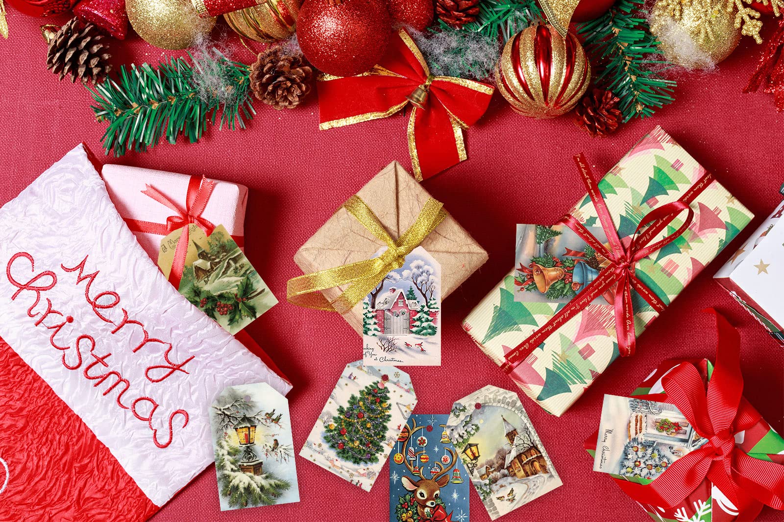 Whaline Weihnachts-Geschenkanhänger mit 30 m Hanfseil, Vintage-Etiketten für saisonale Geschenke, Weihnachtsfeiern und Feiern, 8 Stile, 120 Stück