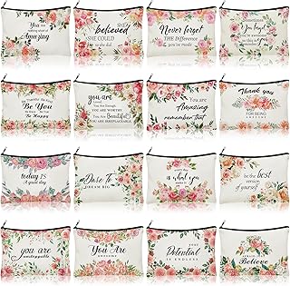 Pinkunn 16 Pcs Canvas Makeup Bags Bulk Inspirational Gift Quotes Cosmetic Bags with Zipper Encouragement Travel Toiletry Pouch Appreciation Gift for Women Girls Birthday Party Favors(Flower)