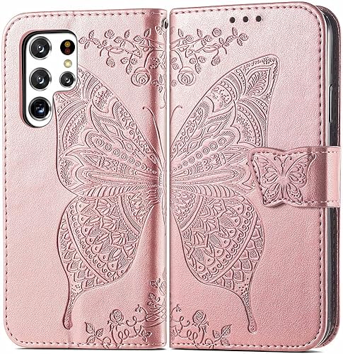 MEUPZZK Funda tipo cartera para Samsung Galaxy S22 Ultra, piel sintética de alta calidad con diseño de flor de mariposa en relieve, función atril,