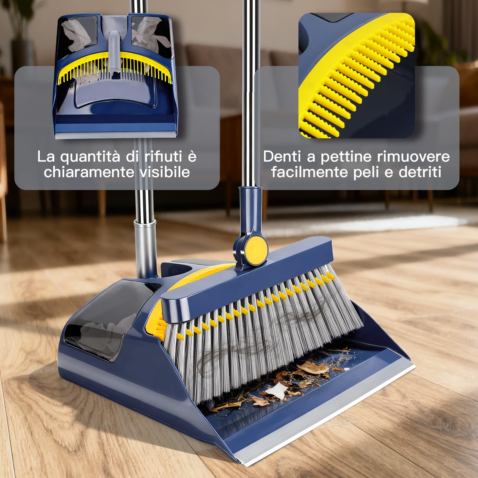 Masthome Verticale Set Scopa e Paletta Salvaspazio Manico Lungo Denti a Pettine Blu Scuro