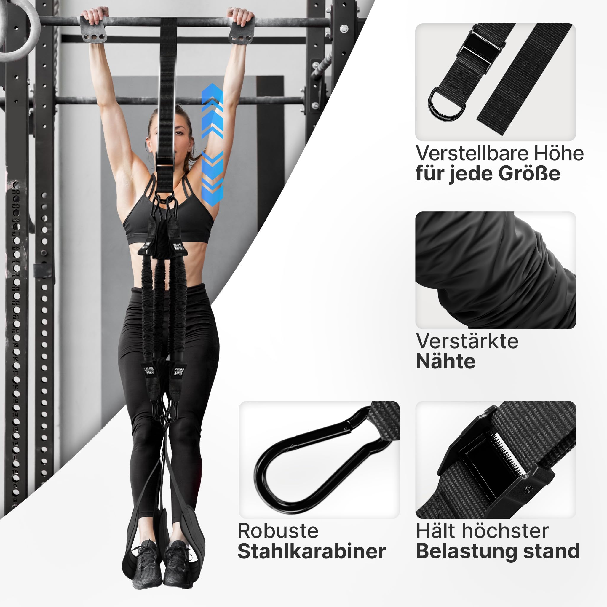 NEOLYMP Klimmzughilfe – kontrollierte Unterstützung ohne Zurückschnellen – 4-Seil-System mit gepolsterten Fußschlaufen, 4X Tube Bands je 34 kg – Klimmzugband Set für saubere Klimmzüge