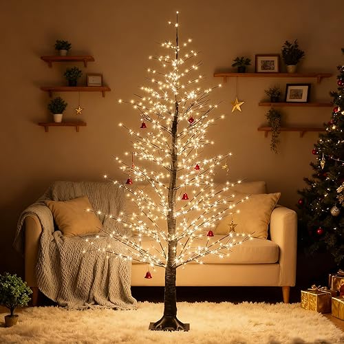 Miniatura 3 de Árbol de abedul iluminado negro de 6 pies con 1100 luces LED cálidas, árbol de Navidad preiluminado con luces parpadeantes, abedul LED para