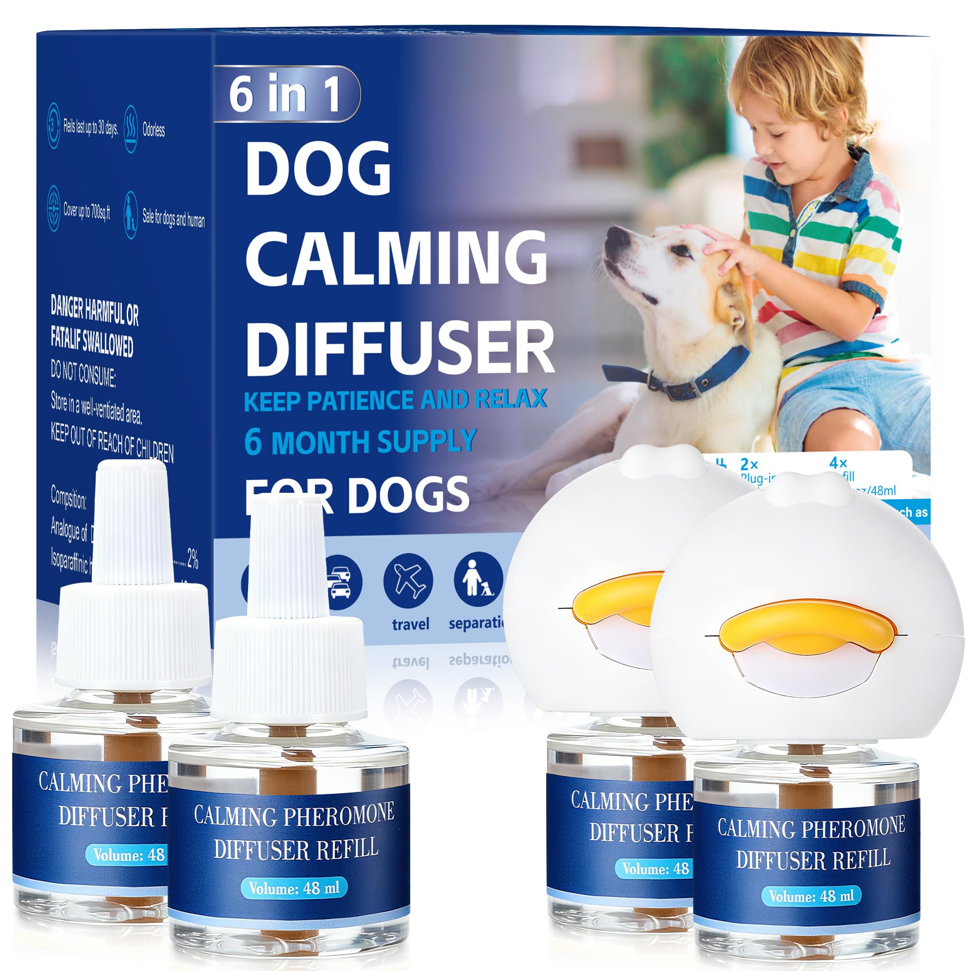 Jeweeio 6-IN-1 Hund beruhigende Pheromon Diffuser (2 Stecker in + 4 Refills), Entlastung Angst, Sturm Stress & Indoor Verhalten Unterstützung, 120 Tag, Geruchlos sichere Formel