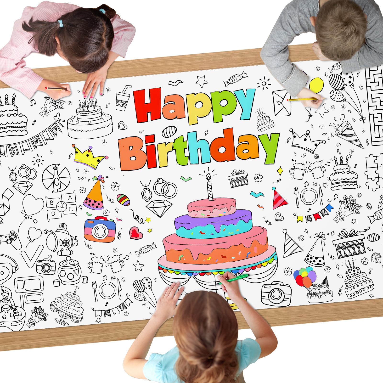AYESY Birthday Colouring Tablecloth, 72 x 30 inch Giant Colouring Poster Table Cloth, DIY Party Tablecloth, Craft Doodle Art