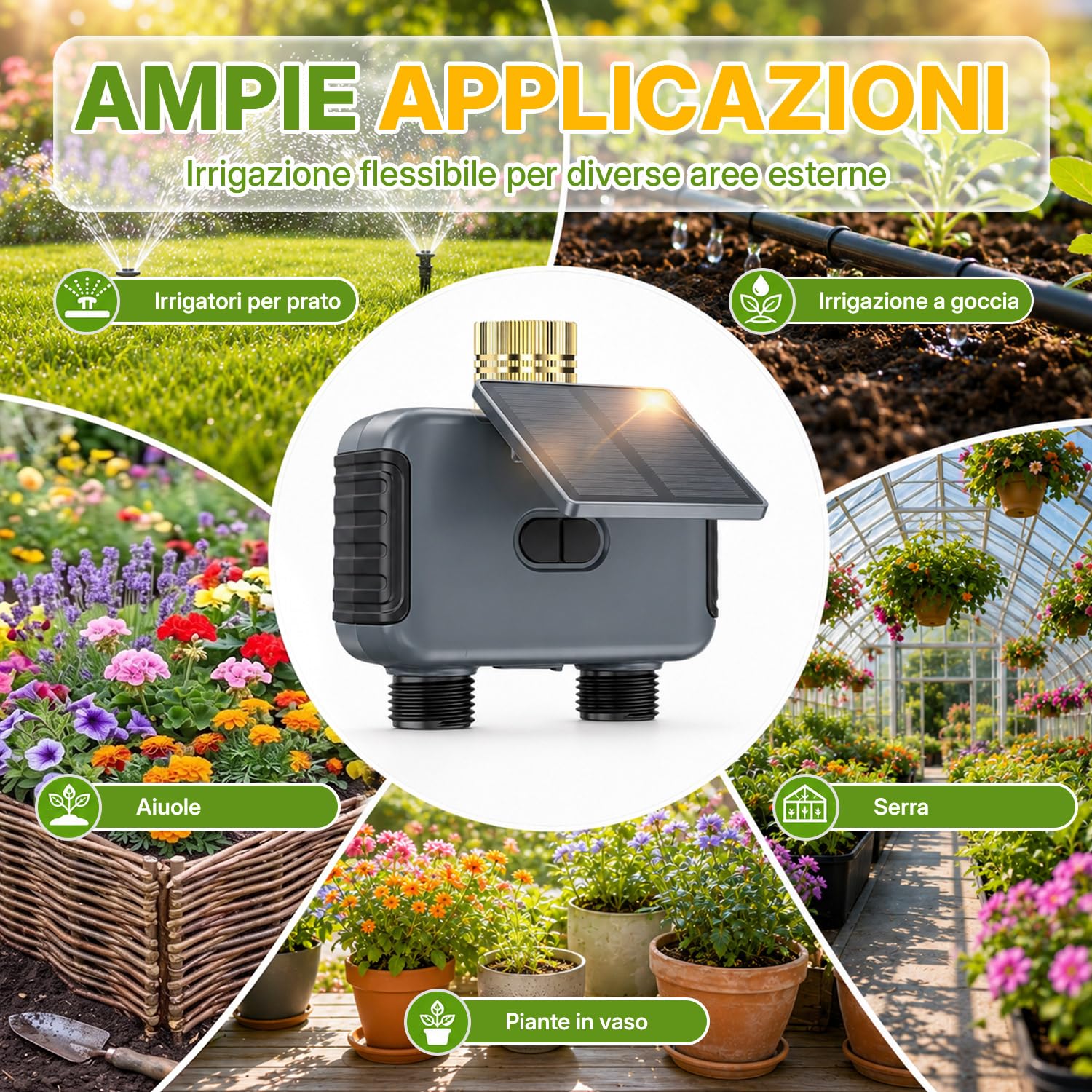 Mcbazel Timer Irrigazione Solare WiFi a 2 Zone, Centralina Smart con Ricarica Solare e USB-C, Programmatore Irrigazione con Ritardo Pioggia, Automatica/Manuale, IP55 Impermeabile