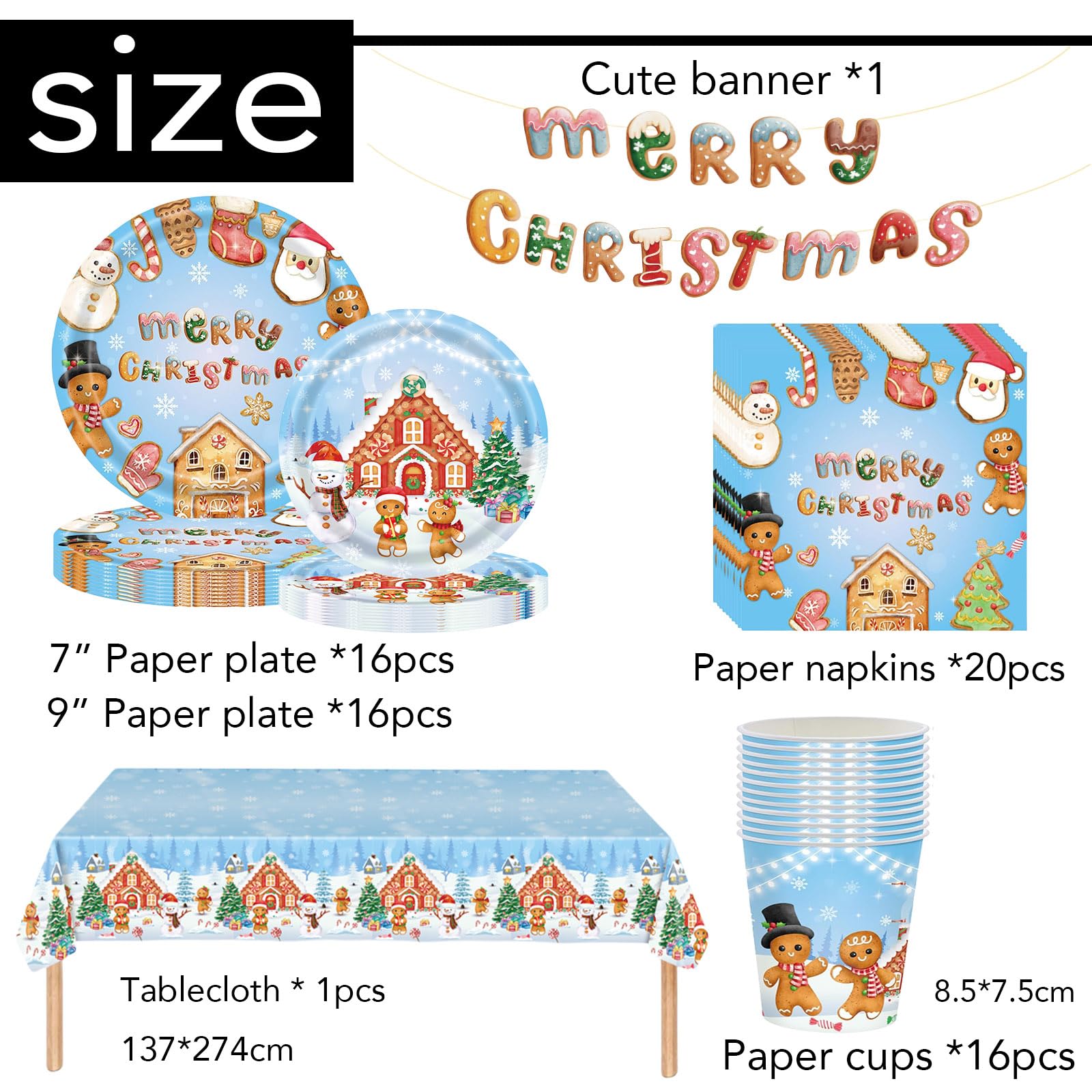 70PCS Gingerbread Man Christmas Tableware Set, Disposable Plates, Napkins, Cups, Tablecloth & Merry Christmas Banner - Image 2