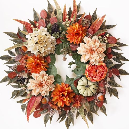 24"Artificial Silk Hydrangea Flower Dahlia Fall Wreath for Front Door