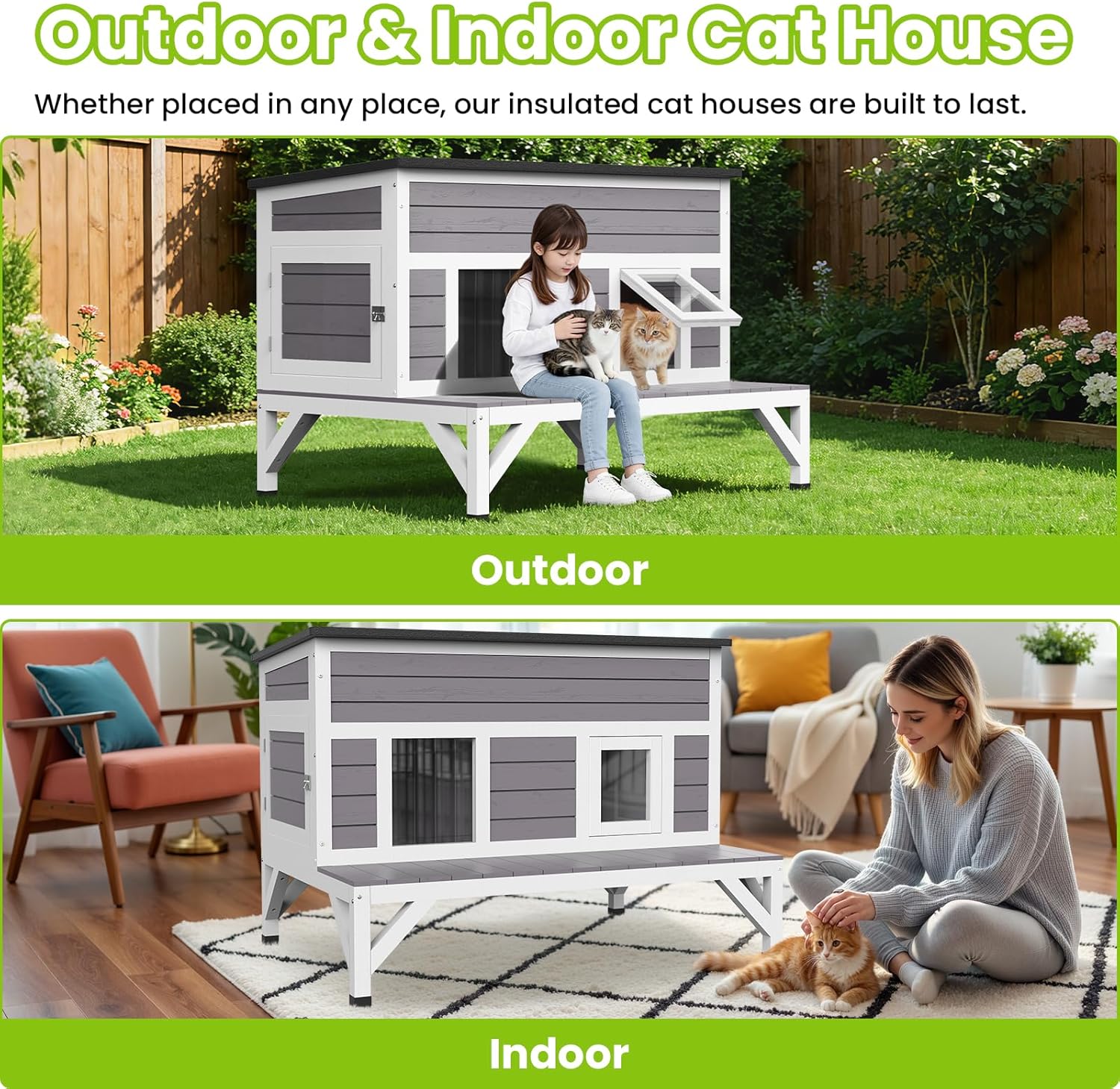 Large Cat House for Outdoor, Weatherproof Feral Cats Shelter Design with Platform, Easy to Install and Clean Kitty House Keep Safe in Outsides for Cats