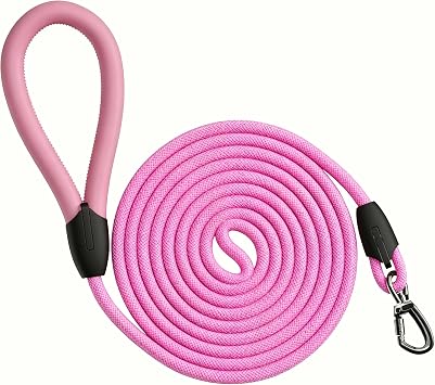 Rope Dog Leash, |Comfortable Leather Handle, Resistant to Dirt and bite | Strong Nylon Pet Lead for Small, Medium, Large Dogs Pink Red, 5 FEET