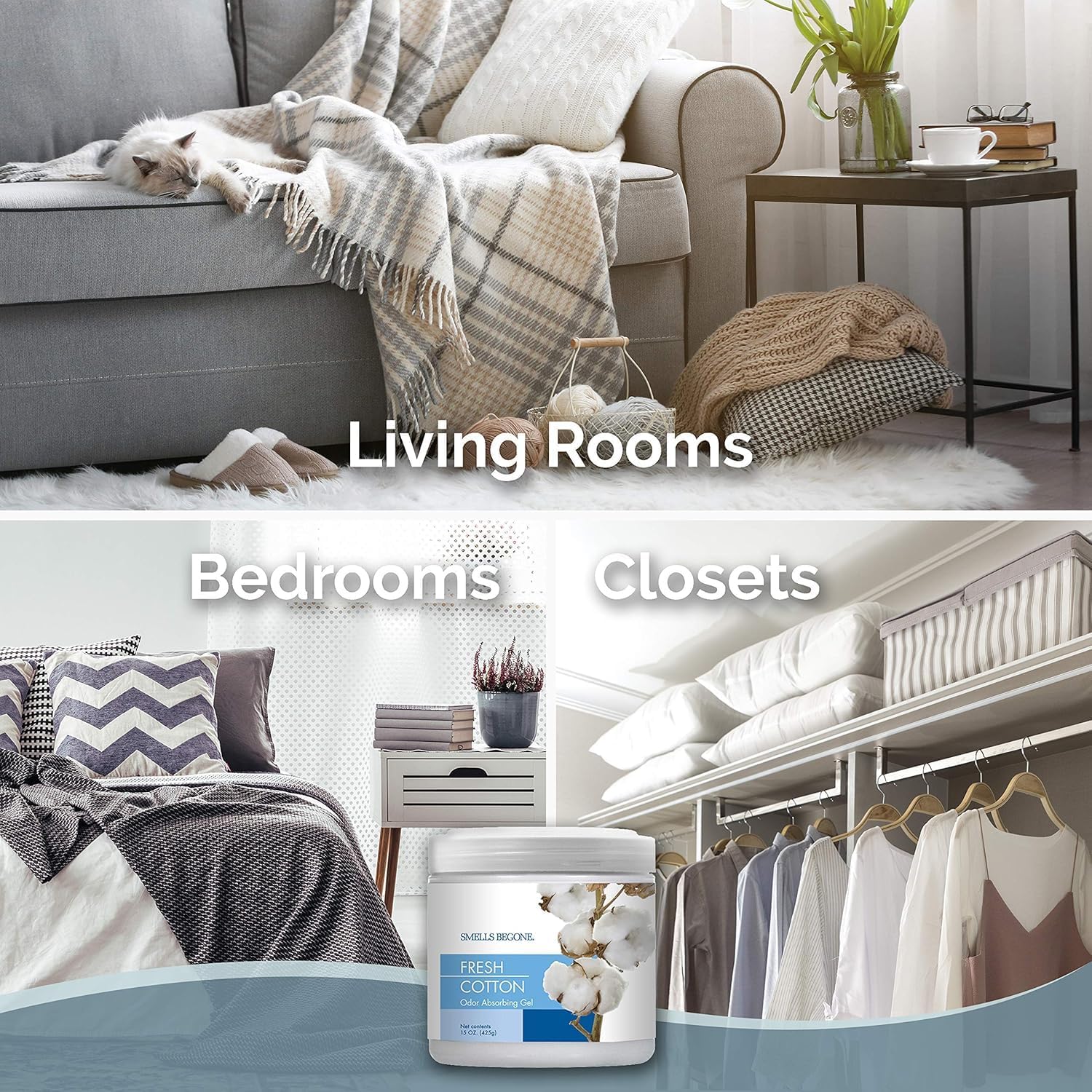 SMELLS BEGONE 15oz Gel Odor Eliminator - Absorb & Remove Tough Odors in Pet Areas, Bathrooms, Basements, Garage, Cars, RVs & Boats - Eliminate Odors Quickly (6-Pack, Fresh Cotton)