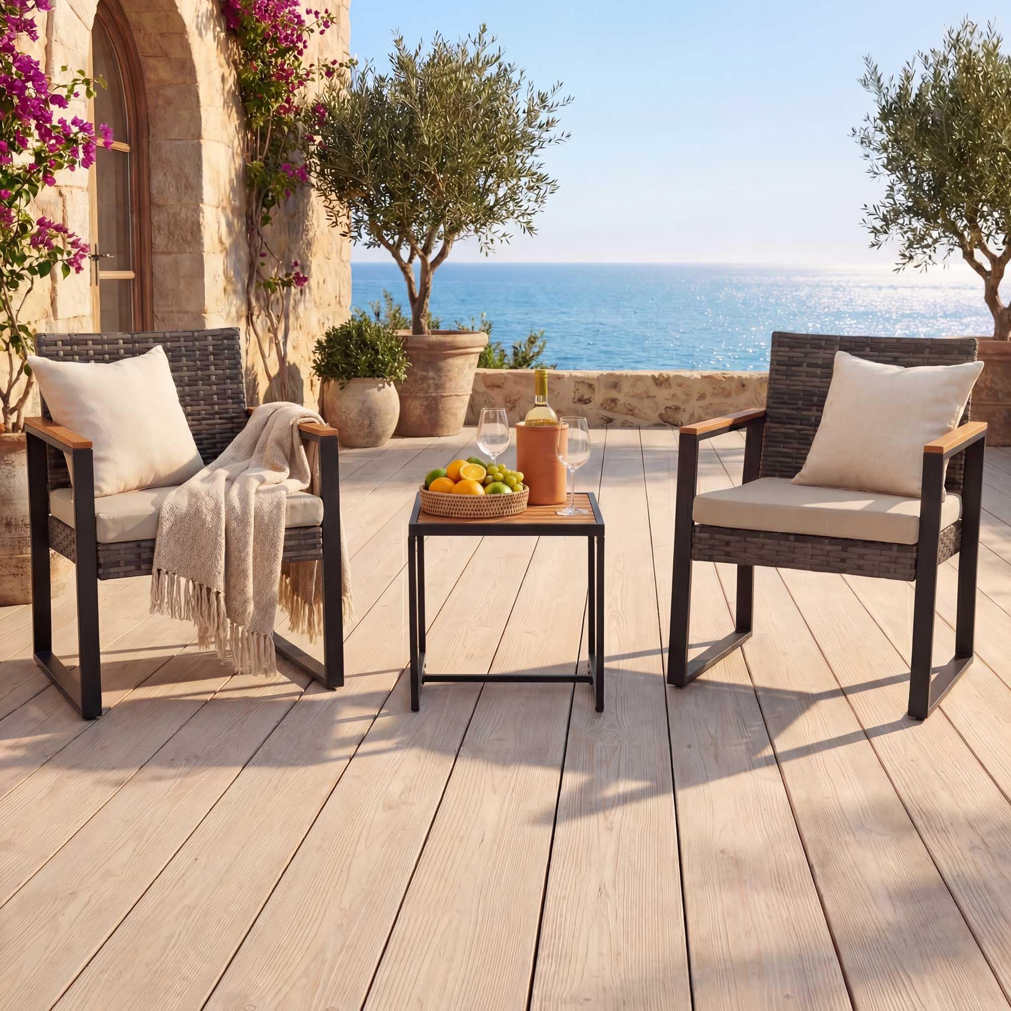 LIFEZEAL Set Tavolo e Sedie da Giardino 3 Pezzi, in Rattan PE e Metallo, Salotto da Giardino 2 Persone con 1 Tavolino da Caffè, 2 Divanetti e Cuscini, Set da Bistrò per Balcone, Terrazzo (Bianco)