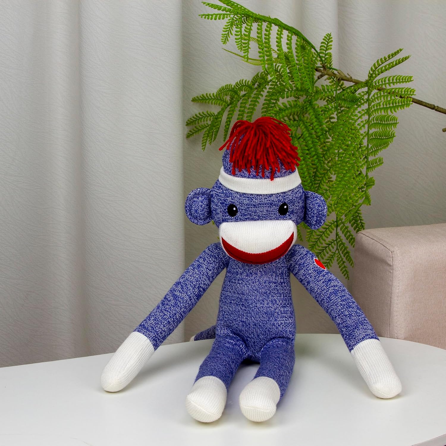 Plushland Adorable Sock Monkey, The Original Traditional Hand Knitted Stuffed Animal Toy Gift-for Kids, Babies, Teens, Girls and Boys Baby Doll Present Puppet 20 Inches (New Blue)