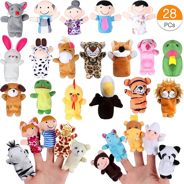 vamei 28pcs Finger Puppets Set Soft Plush Animal Hand Puppet Toys Kids Educational Story Time Puppets Birthday Easter Party Bag Fillers Gifts for Baby Infant Toddlers