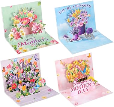 Resurhang 4 Sets Pop up Mothers Day Card 3D Happy Mothers Day Greeting Cards Floral Butterfly Themed Greeting Card with Envelope for Mother Mom Grandma Wife and Women 5x7 Inches