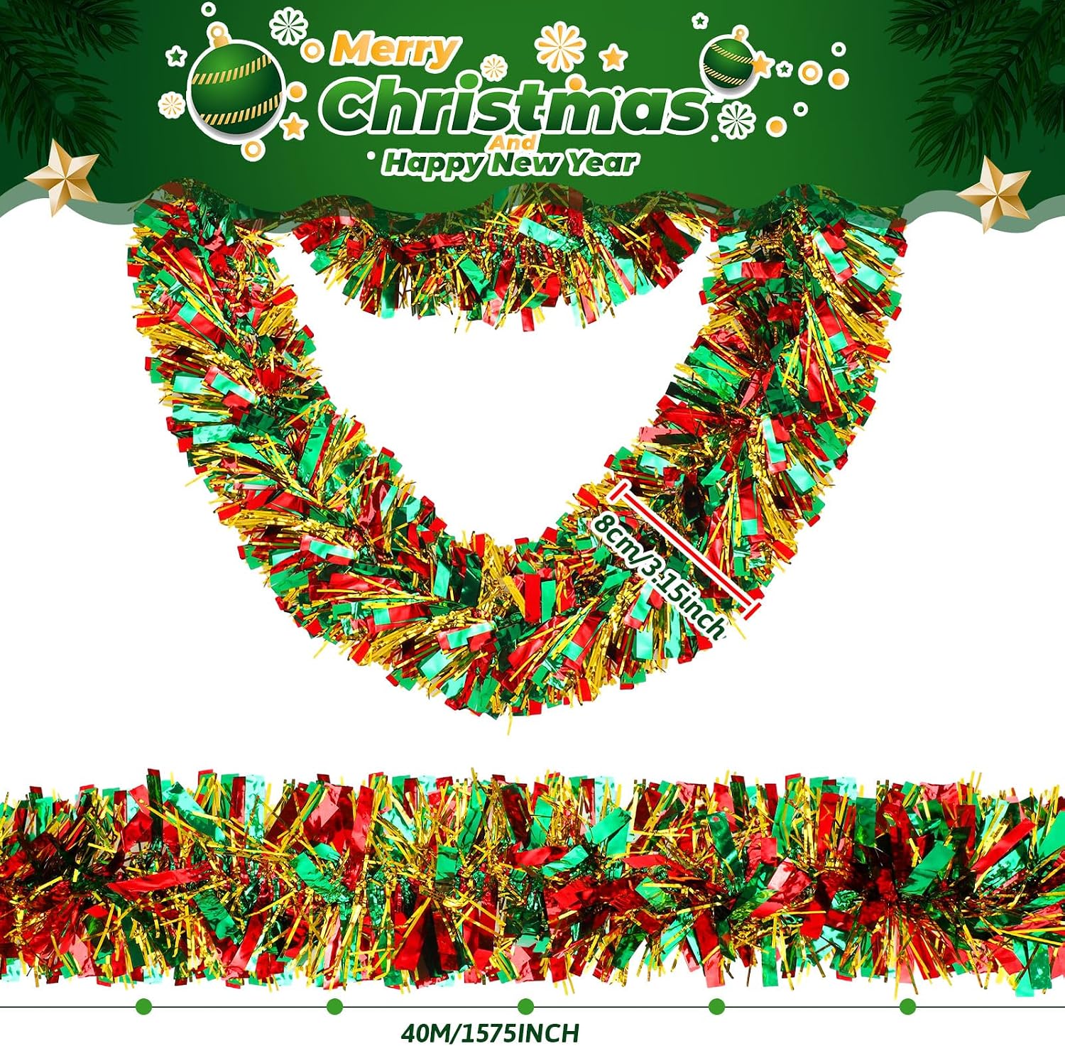 Riceshoot 131.23 ft Christmas in July Tinsel Garland Red Green and Gold Metallic Garland Decoration Multicolor Hanging Twist Glittering Christmas Garlands for Xmas Tree Home Wedding Party Supplies