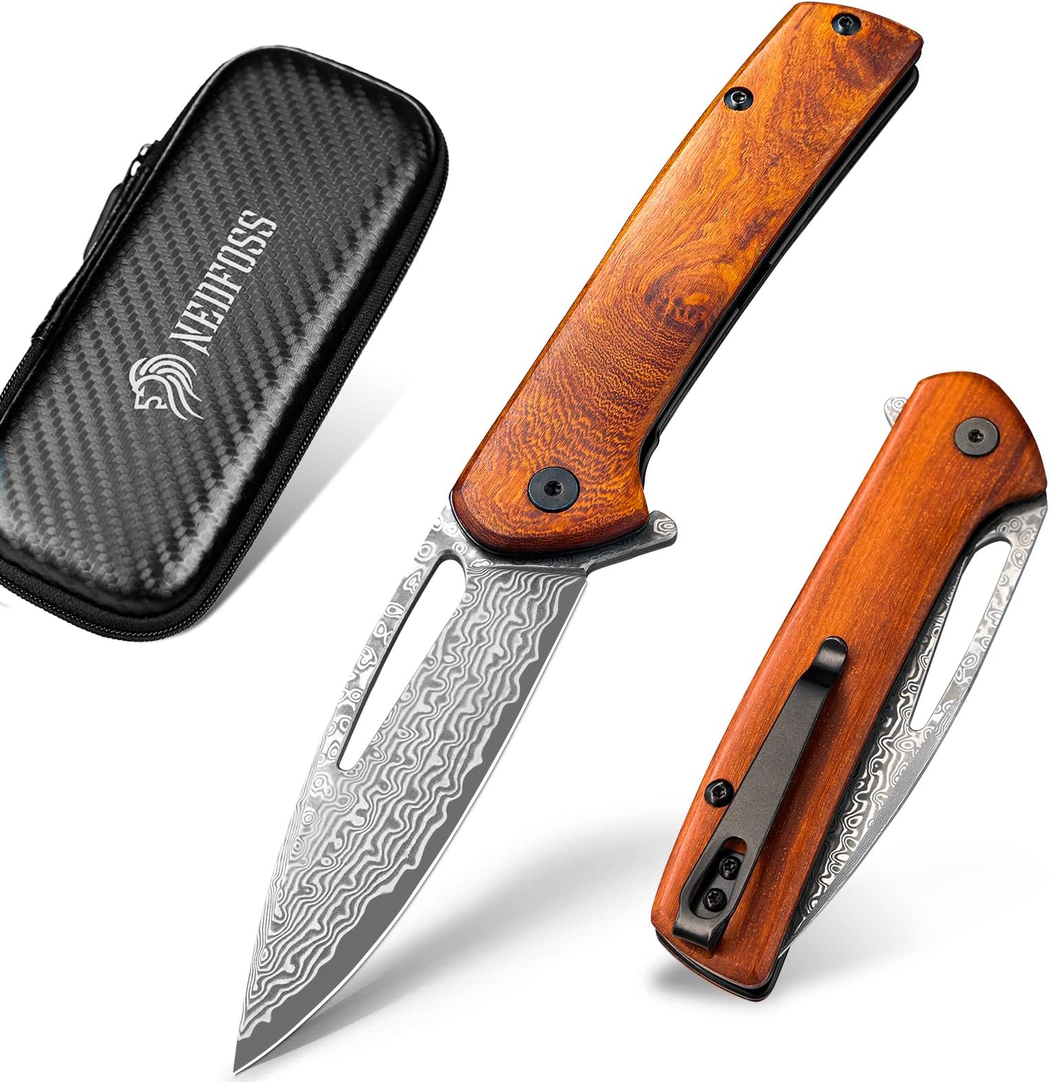 PEGASUS Damascus Steel Pocket Knife, 3.5" Hand-Forged Ladder Pattern Folding Knife w/Rosewood Handle & Deep Carry Clip, Sharp EDC Camping Knives for Collection, Hunting Gift for Men Women