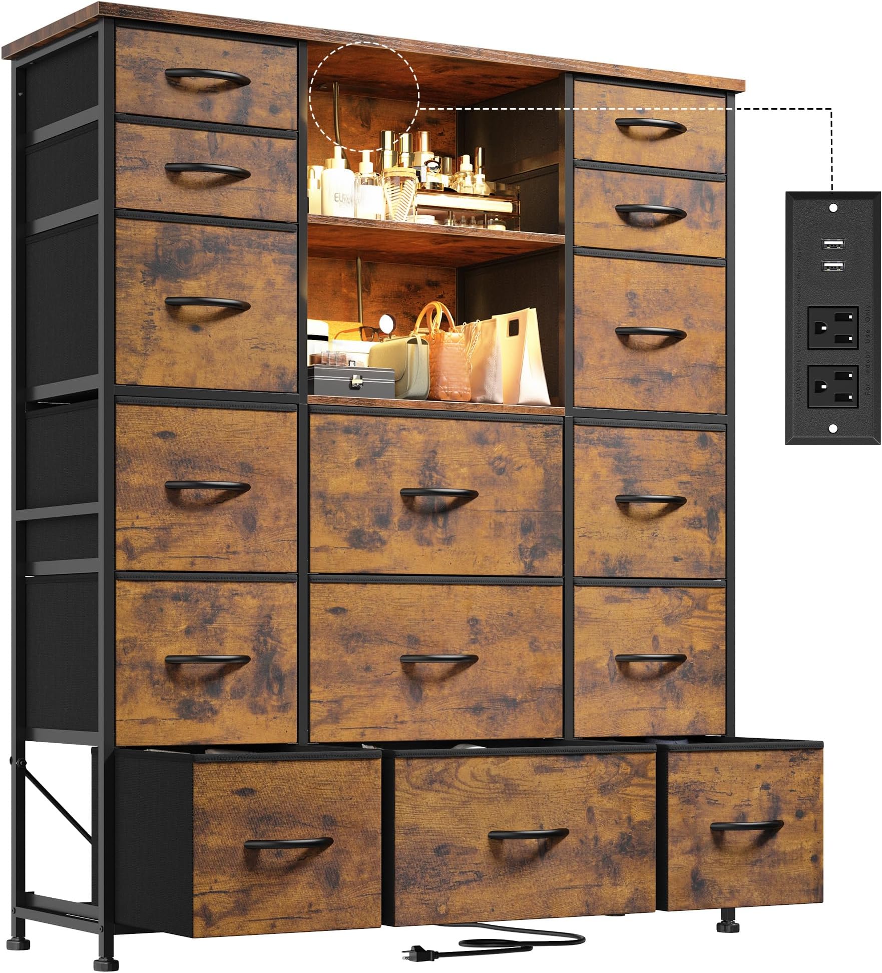 51" H Dresser with 15 Drawers Dresser for Bedroom with Charging Station & LED Lights & Hutch Sturdy Fabric Bedroom Dressers, Steel Frame, Wood Top, Rustic Brown, 51.2" H x 39.3" W x 11.8" D