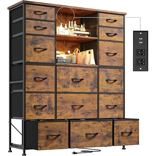EnHomee 51" H Dresser with 15 Drawers Dresser for Bedroom with Charging Station & LED Lights & Hutch Sturdy Fabric Bedroom Dressers, Steel Frame, Wood Top, Rustic Brown, 51.2" H x 39.3" W x 11.8" D