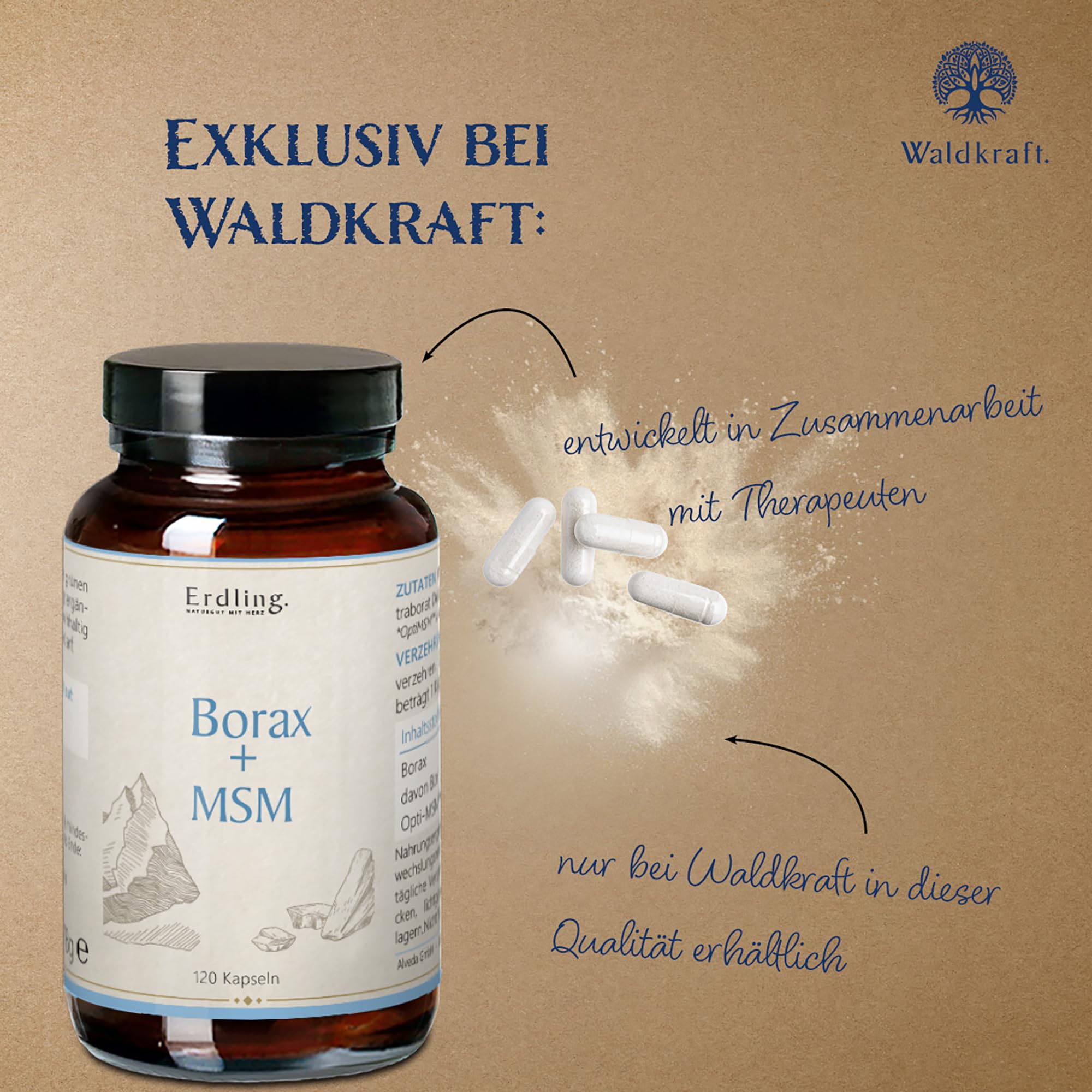Waldkraft Borax + MSM Kapseln | 99,9% ig reines Natriumtetraborat und OptiMSM® | Lebensmittelqualität | Nachhaltig verpackt in Braunglas | Exklusiv bei Waldkraft | 120 pflanzliche Kapseln