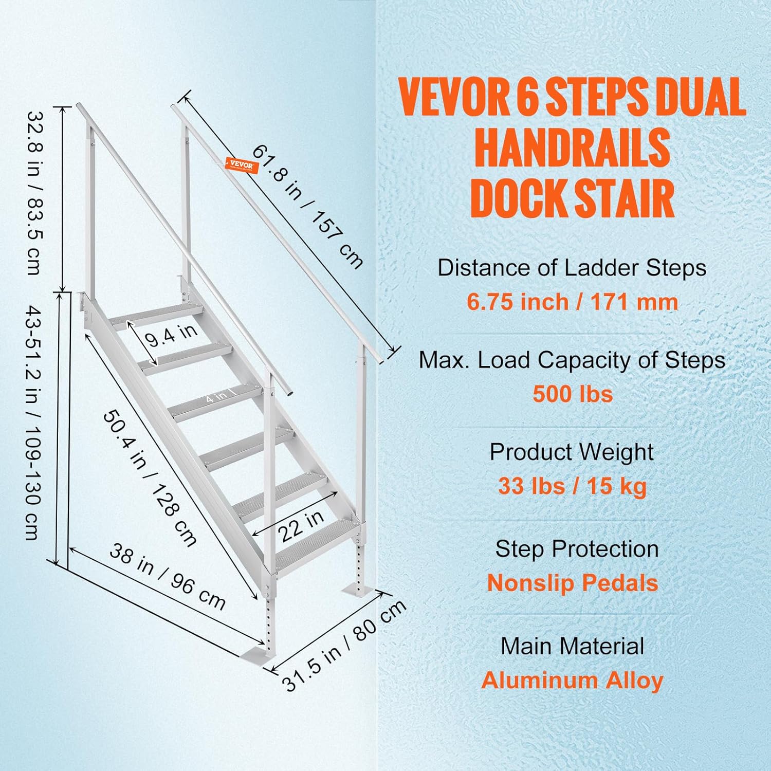 Diagram showing dimensions and specifications of the VEVOR dock ladder