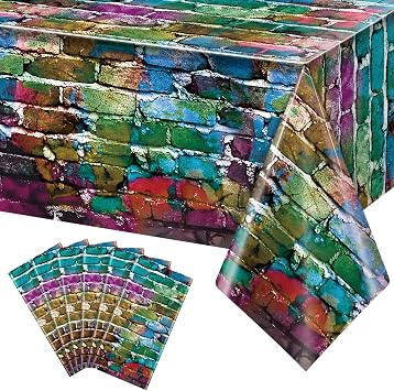 6 Pack Colorful Brick Tablecloth Rectangle, Graffiti Brick Wall Backdrop Photo Background, Plastic Retro Table Cover, Wall Scene for 80s 90s Hip Hop Disco Party Decorations, 54x108Inch