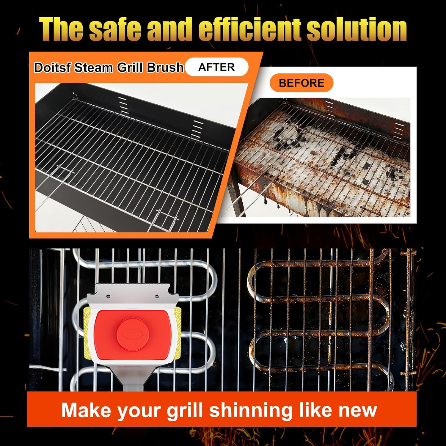 Grill Brush Bristle Free with Scraper, 22" Extra Long Outdoor BBQ Replaceable Cleaning Head, Safe Barbecue Cleaner Tool for Cast Iron or Stainless-Steel Grates