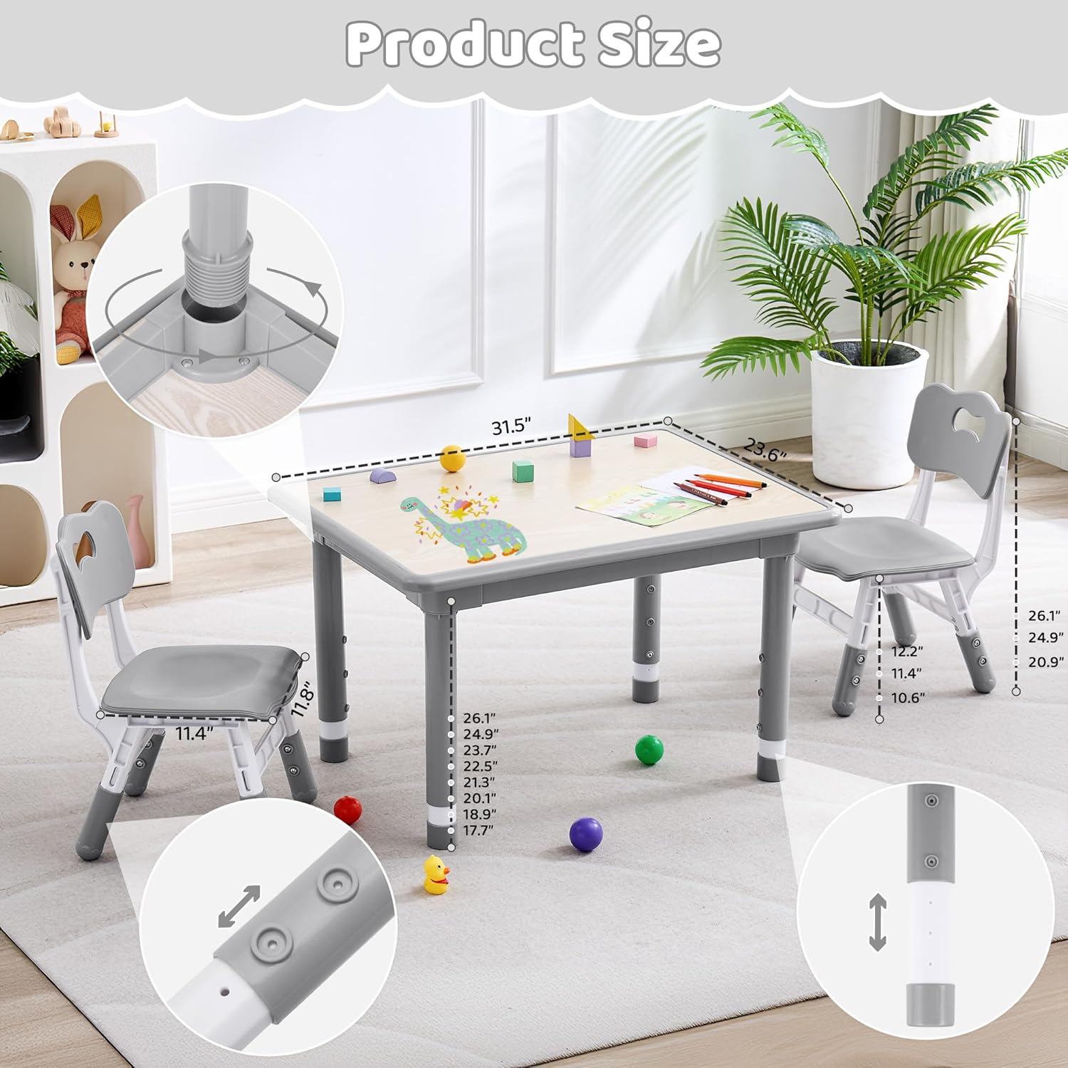 Kids Table and 2 Chairs Set, Height Adjustable (17.7"-26.1") Toddler Table and Chair Set, Multi-Activity Table with Graffiti Desktop, Children’s Table and Chairs for Classroom, Home & Daycare